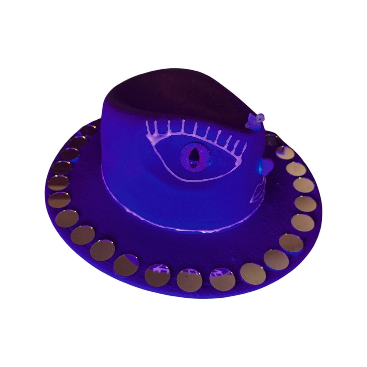 Purple Third Eye Fedora Hat: Iridescent Mirrors, Skull Nose - Festival Art