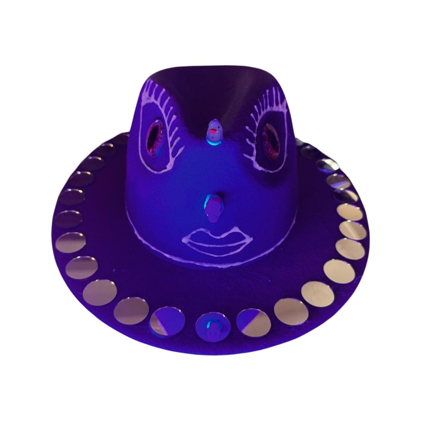 Purple Third Eye Fedora Hat: Iridescent Mirrors, Skull Nose - Festival Art