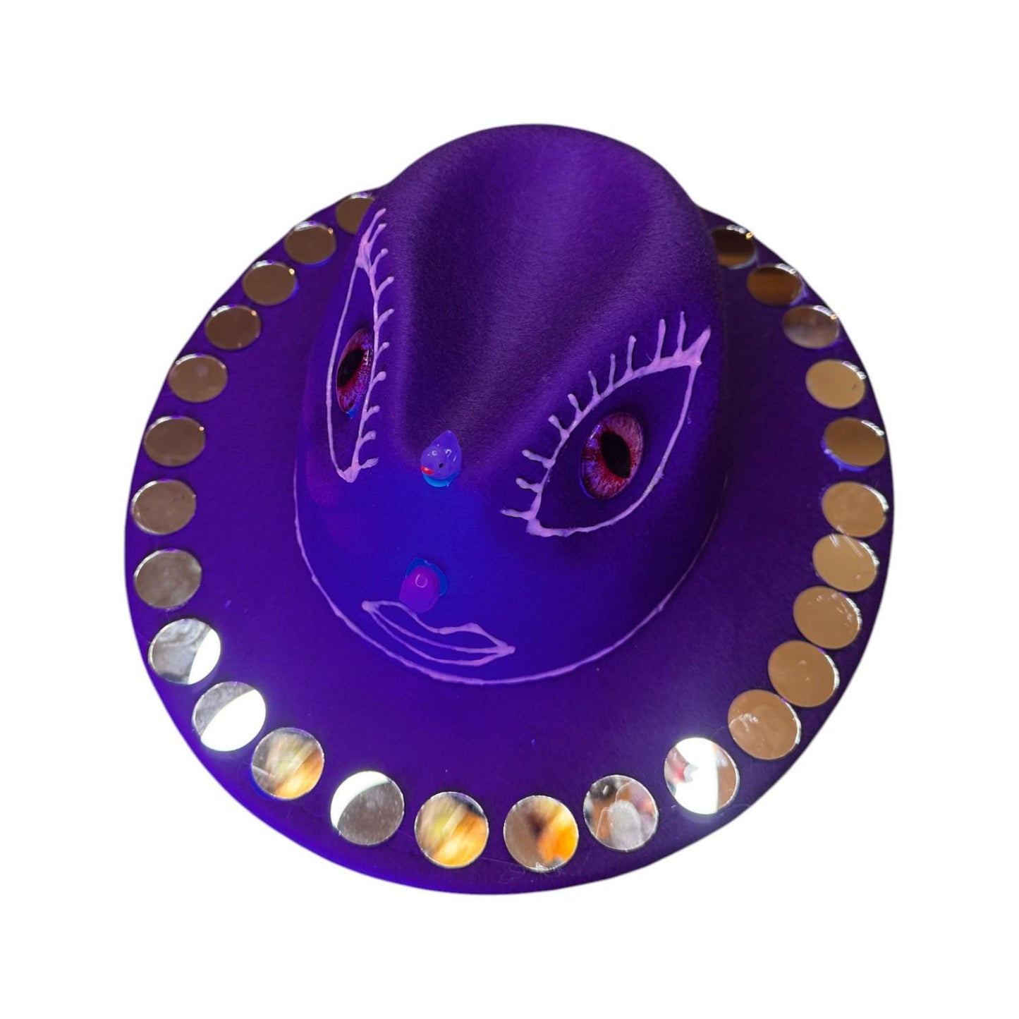 Purple Third Eye Fedora Hat: Iridescent Mirrors, Skull Nose - Festival Art