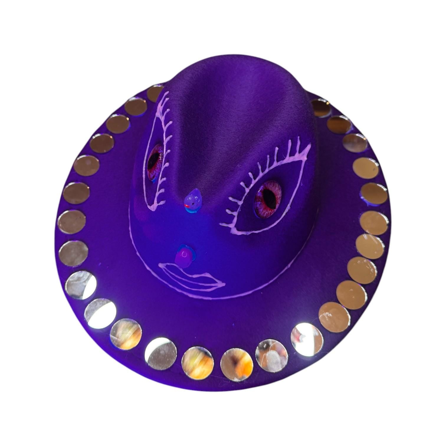 Purple Third Eye Fedora Hat: Iridescent Mirrors, Skull Nose - Festival Art