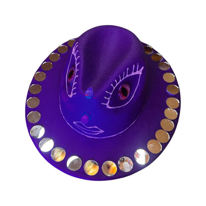 Purple Third Eye Fedora Hat: Iridescent Mirrors, Skull Nose - Festival Art