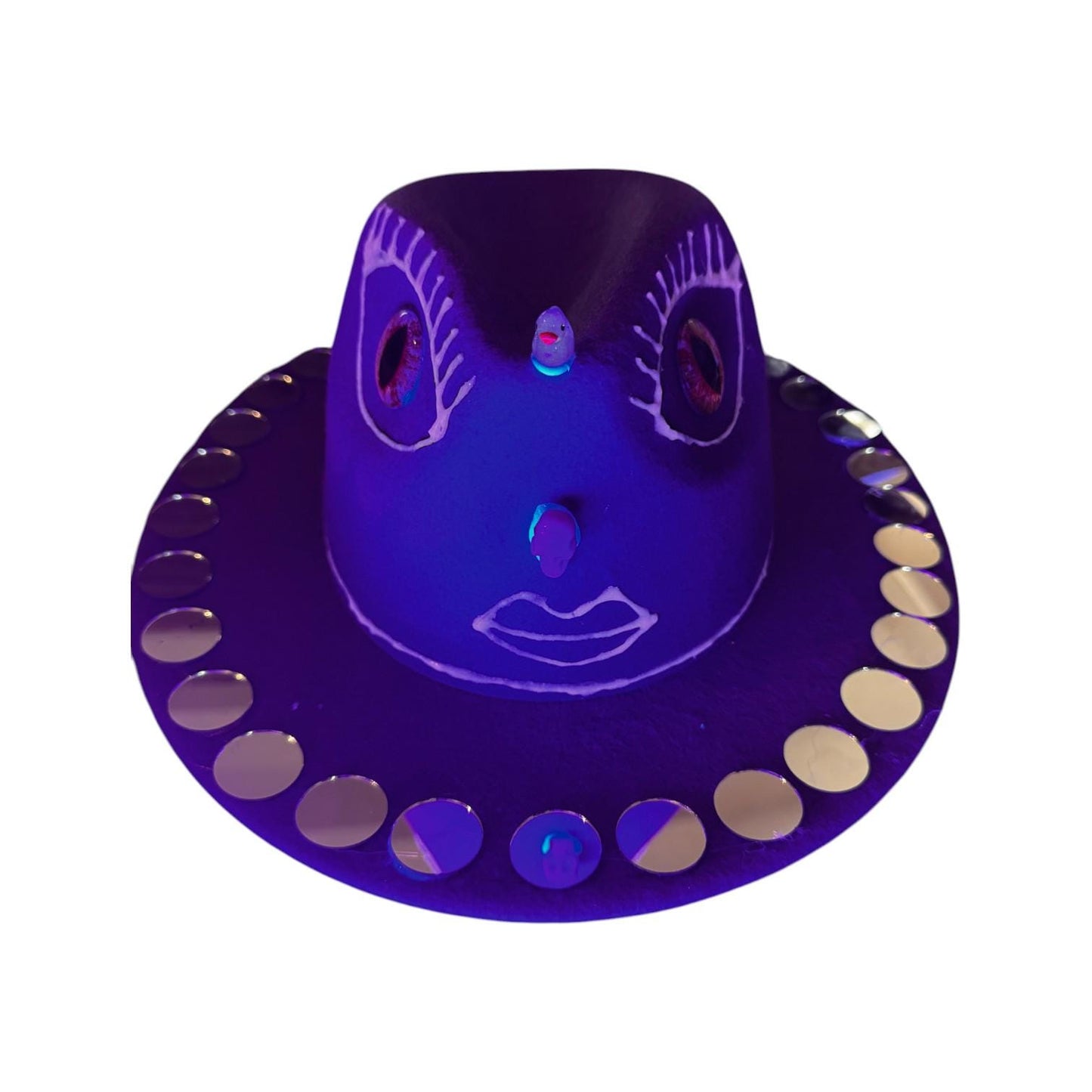 Purple Third Eye Fedora Hat: Iridescent Mirrors, Skull Nose - Festival Art