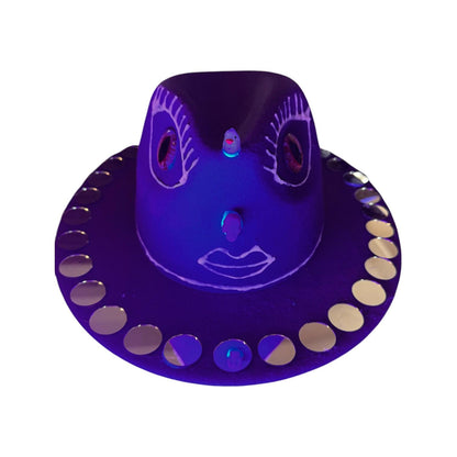 Purple Third Eye Fedora Hat: Iridescent Mirrors, Skull Nose - Festival Art
