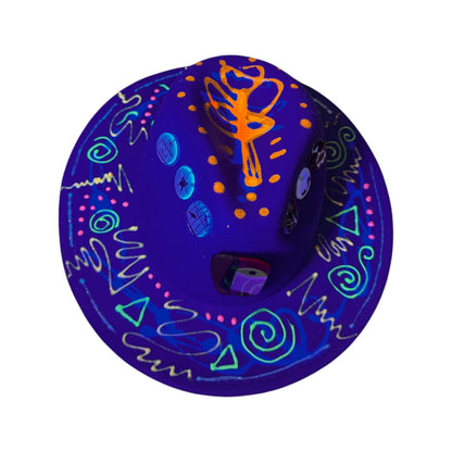 Hand-Painted Psychedelic Fedora: Neon UV Tribal Burning Man Hat