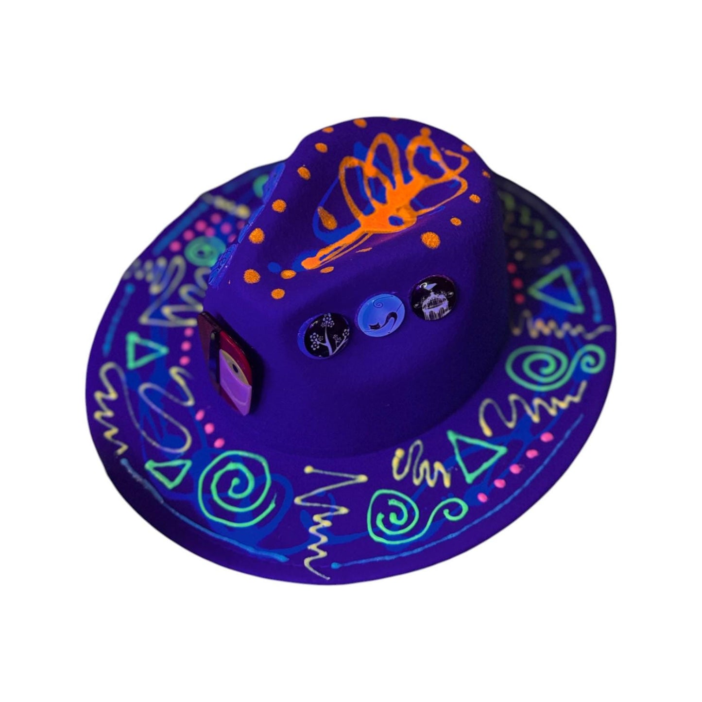 Hand-Painted Psychedelic Fedora: Neon UV Tribal Burning Man Hat