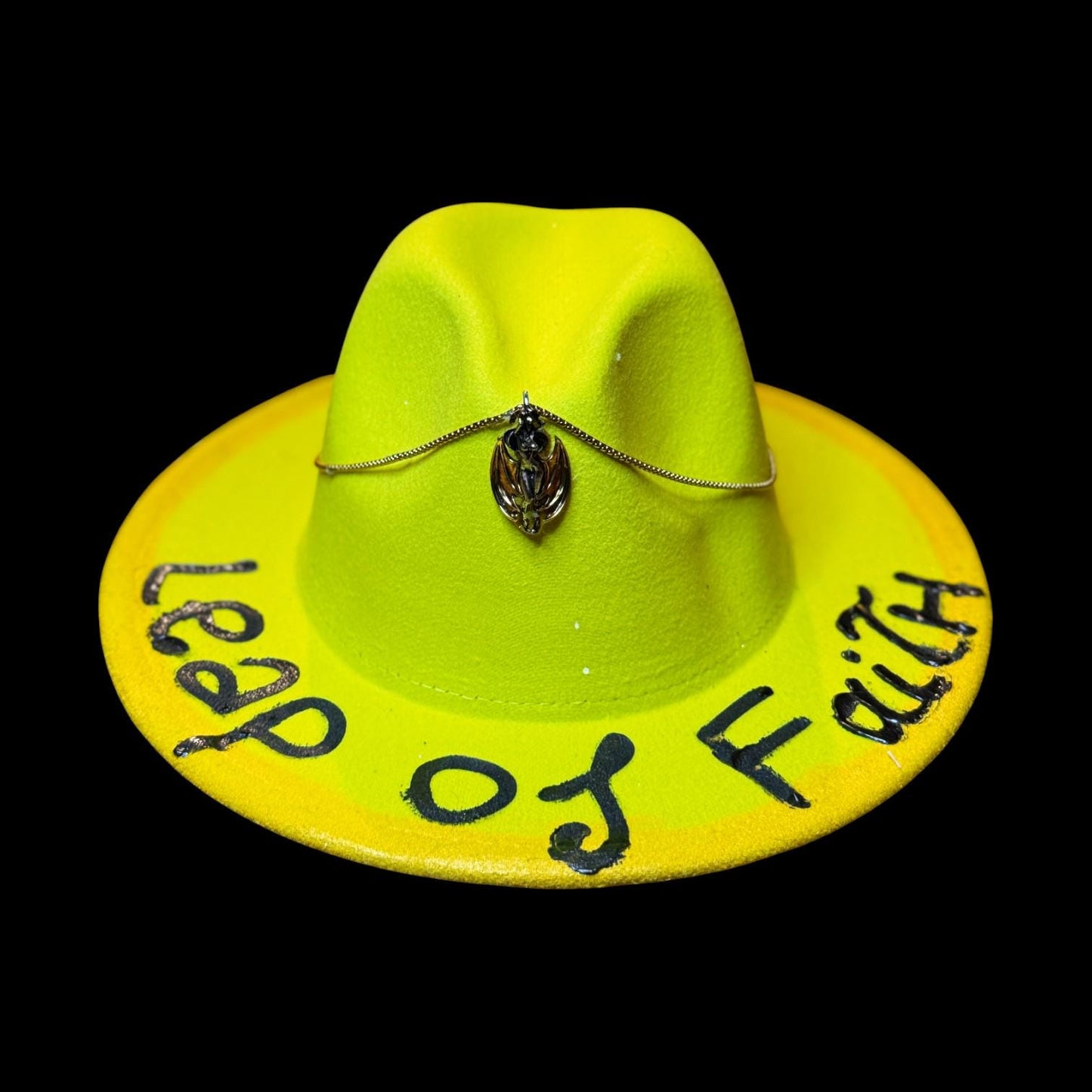 Hand-Painted Neon Yellow Hat: Festival Statement Piece with Pendant