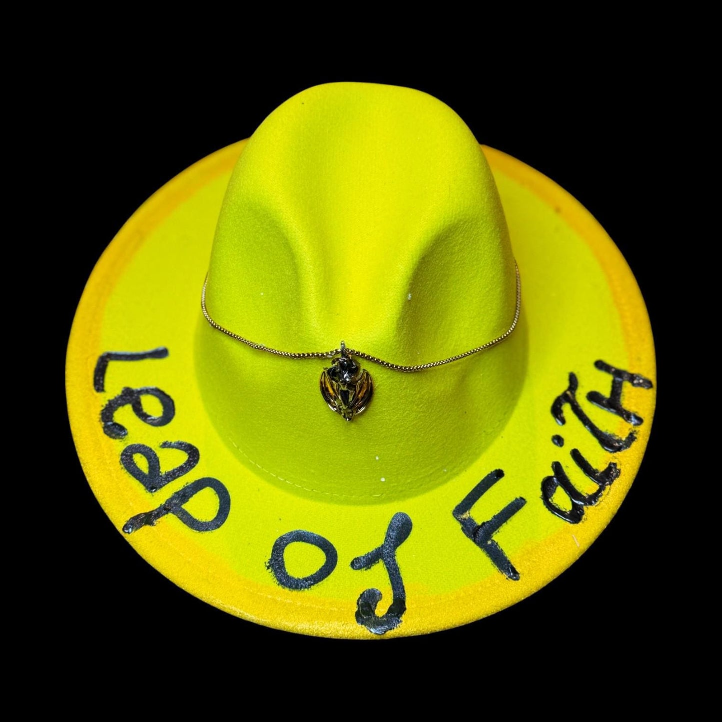Hand-Painted Neon Yellow Hat: Festival Statement Piece with Pendant