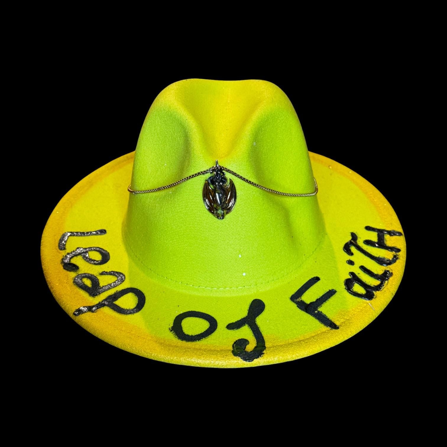 Hand-Painted Neon Yellow Hat: Festival Statement Piece with Pendant
