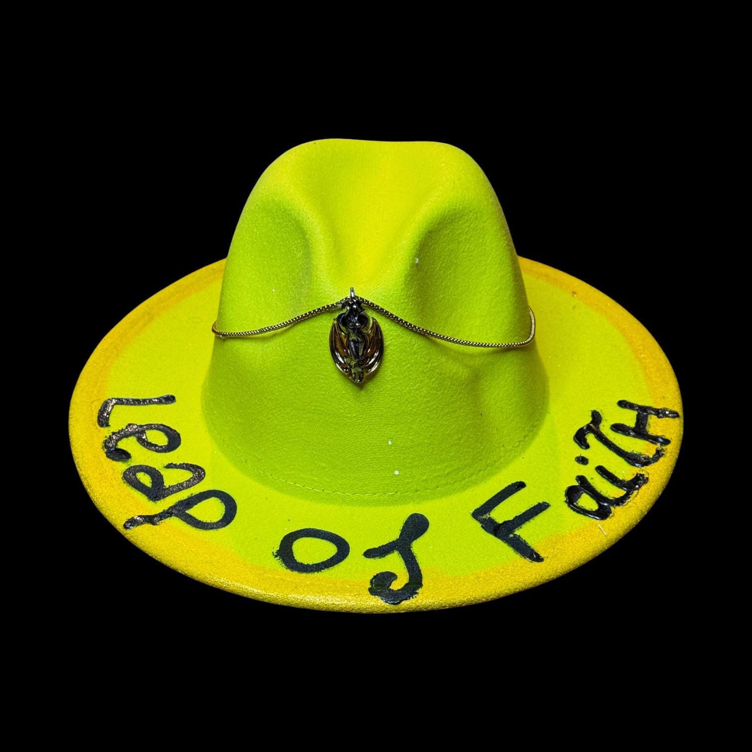 Hand-Painted Neon Yellow Hat: Festival Statement Piece with Pendant