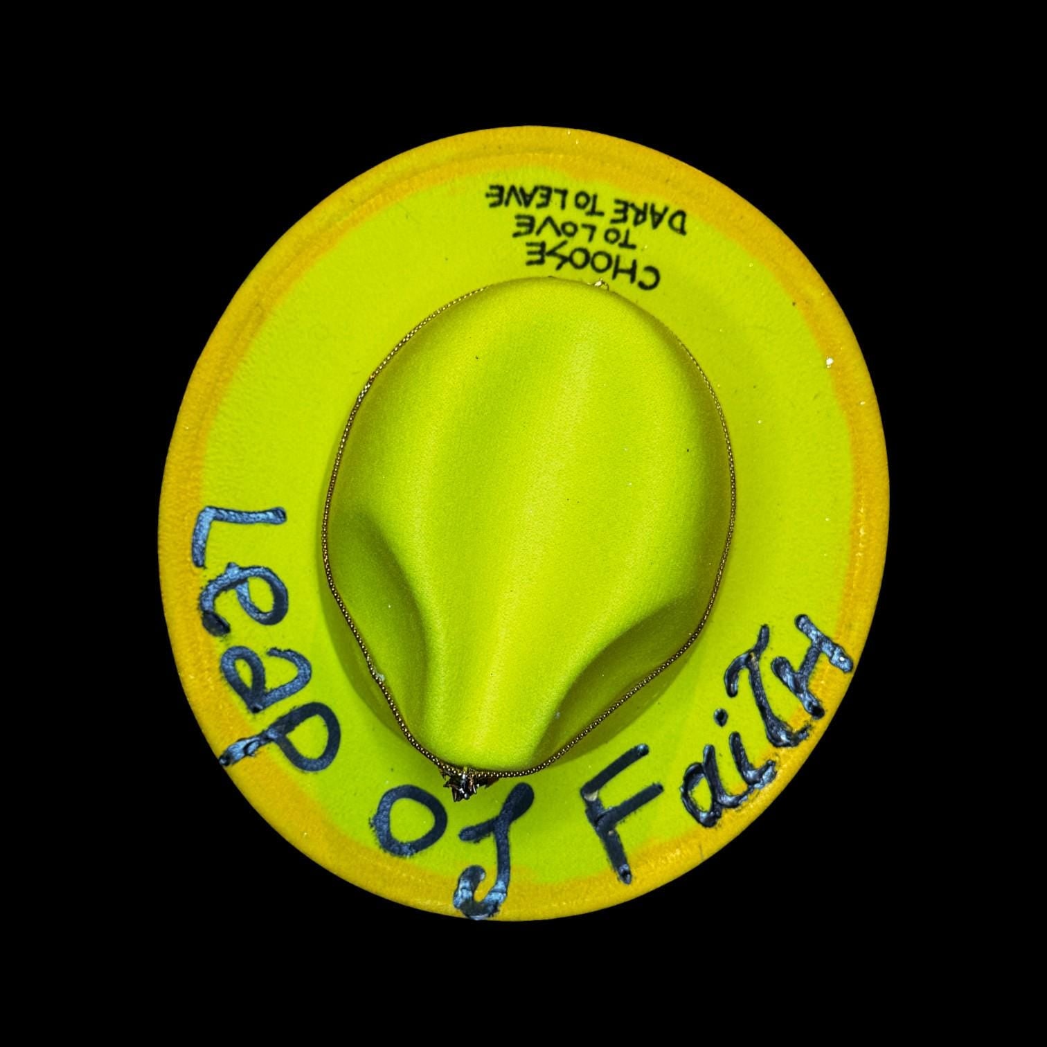 Hand-Painted Neon Yellow Hat: Festival Statement Piece with Pendant