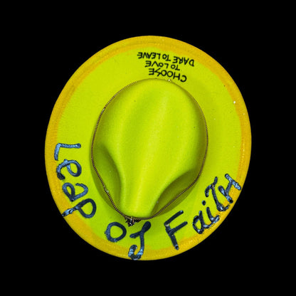 Hand-Painted Neon Yellow Hat: Festival Statement Piece with Pendant