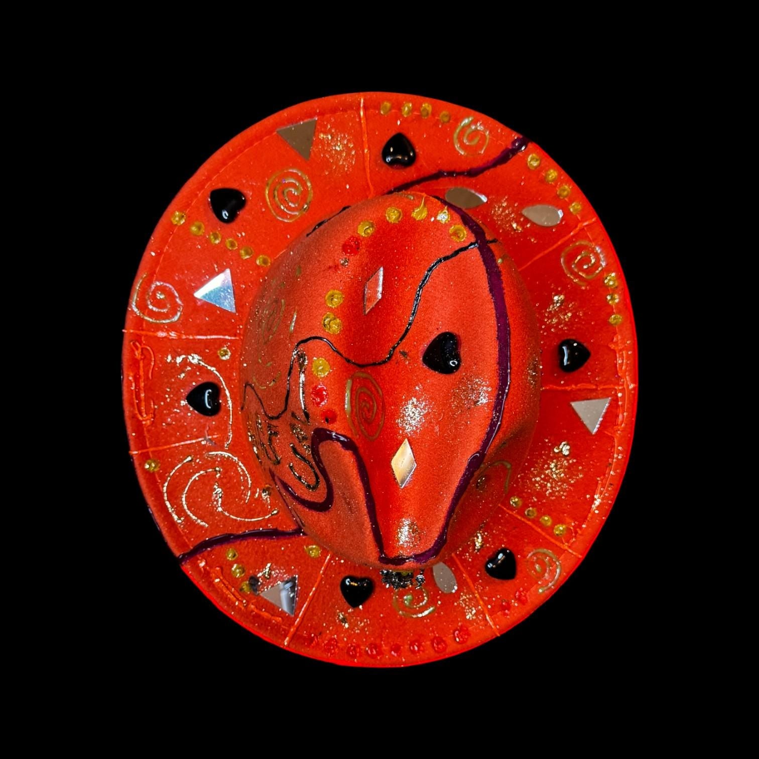 Hand-Painted Orange Festival Hat: Cosmic Embellishments, Mirror Pieces