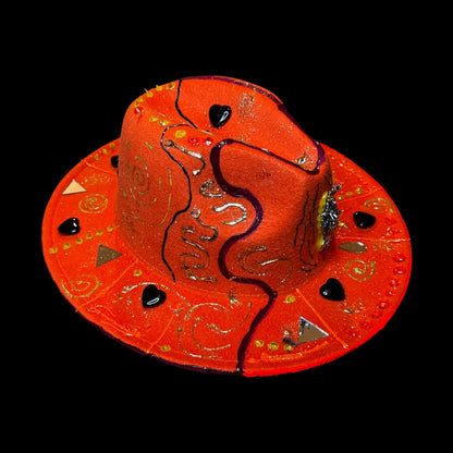 Hand-Painted Orange Festival Hat: Cosmic Embellishments, Mirror Pieces