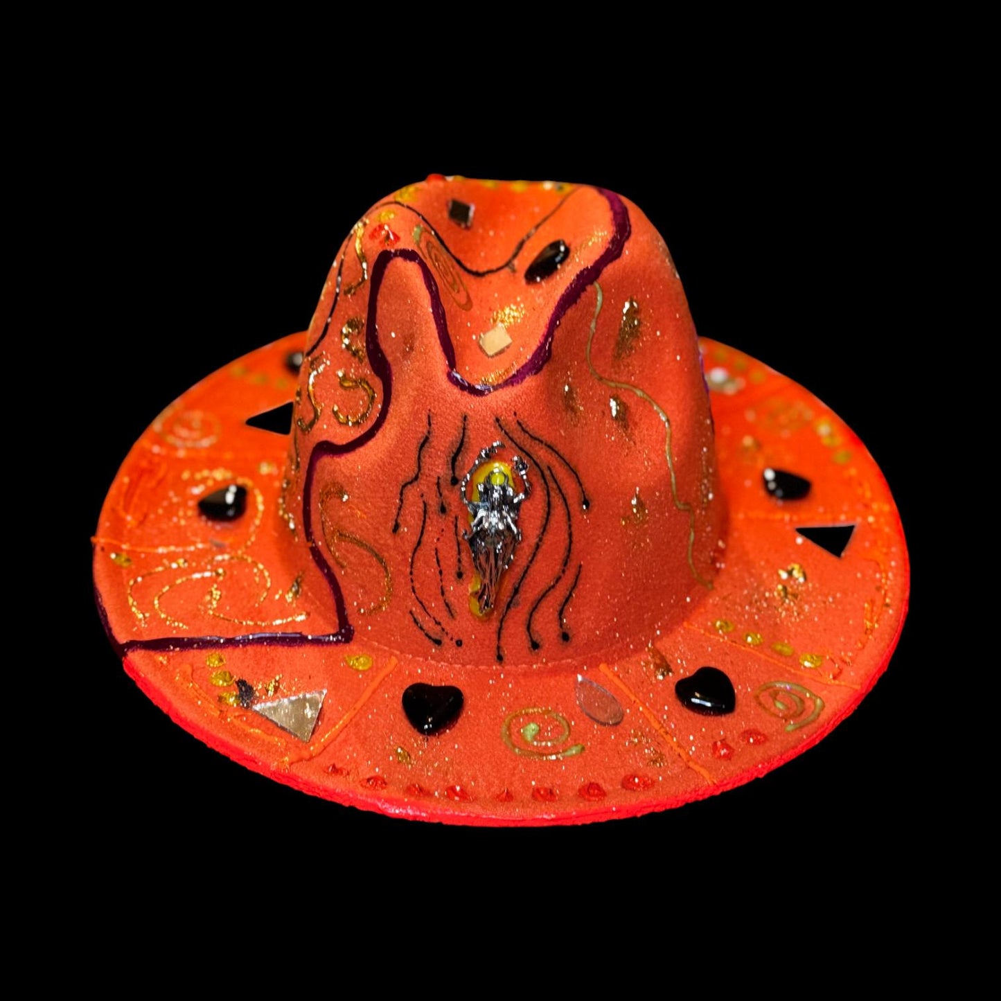 Hand-Painted Orange Festival Hat: Cosmic Embellishments, Mirror Pieces