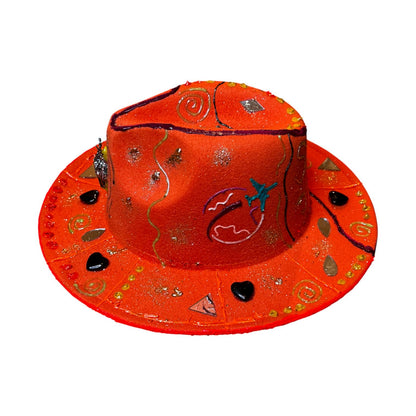 Hand-Painted Orange Festival Hat: Cosmic Embellishments, Mirror Pieces