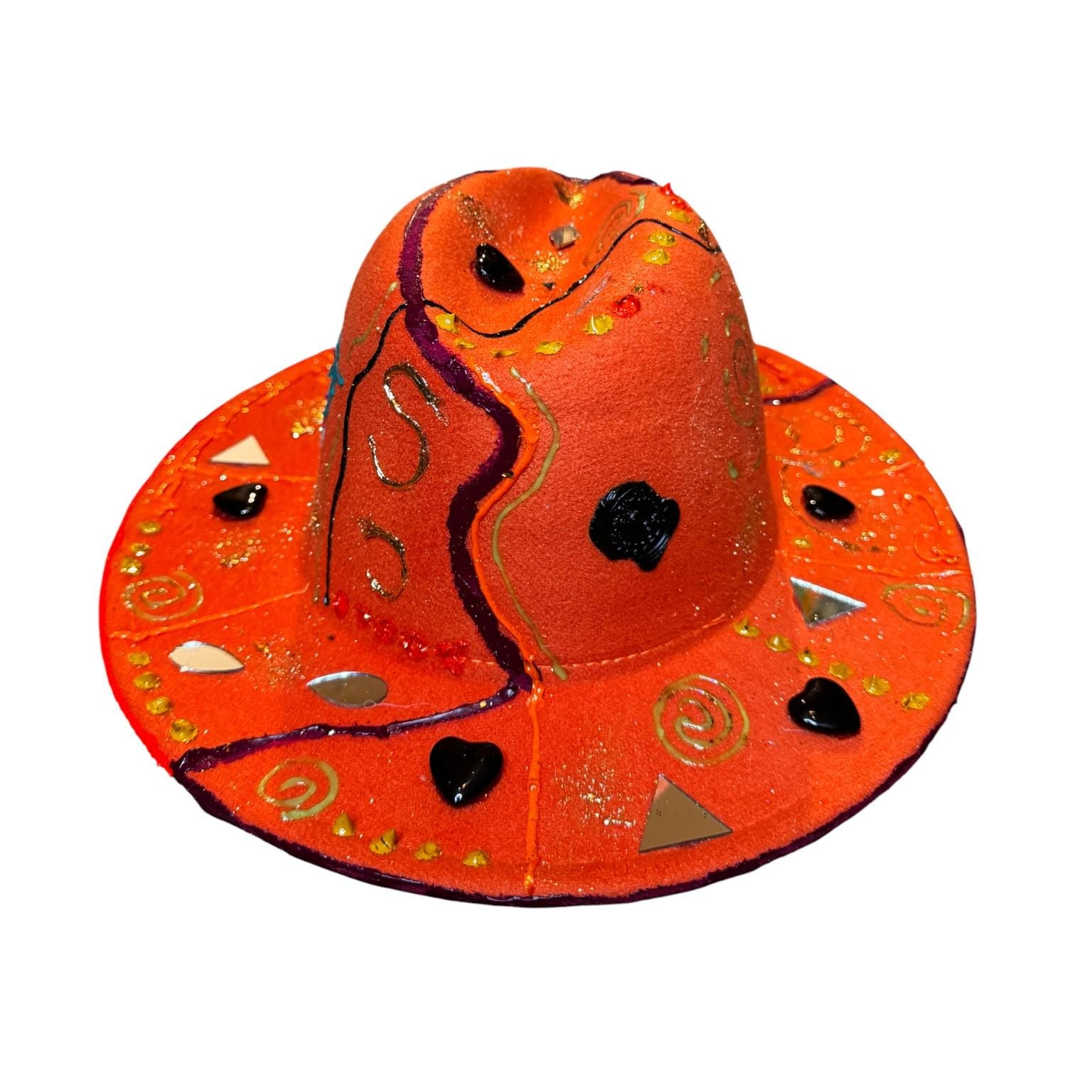 Hand-Painted Orange Festival Hat: Cosmic Embellishments, Mirror Pieces