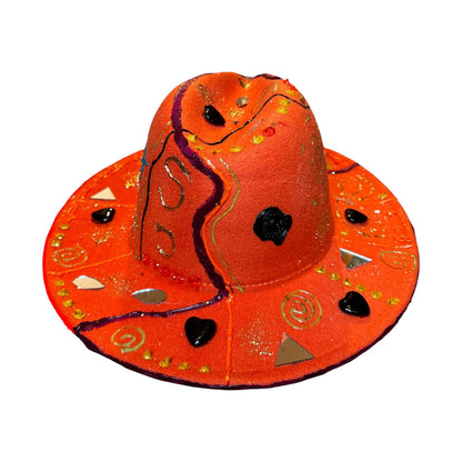 Hand-Painted Orange Festival Hat: Cosmic Embellishments, Mirror Pieces