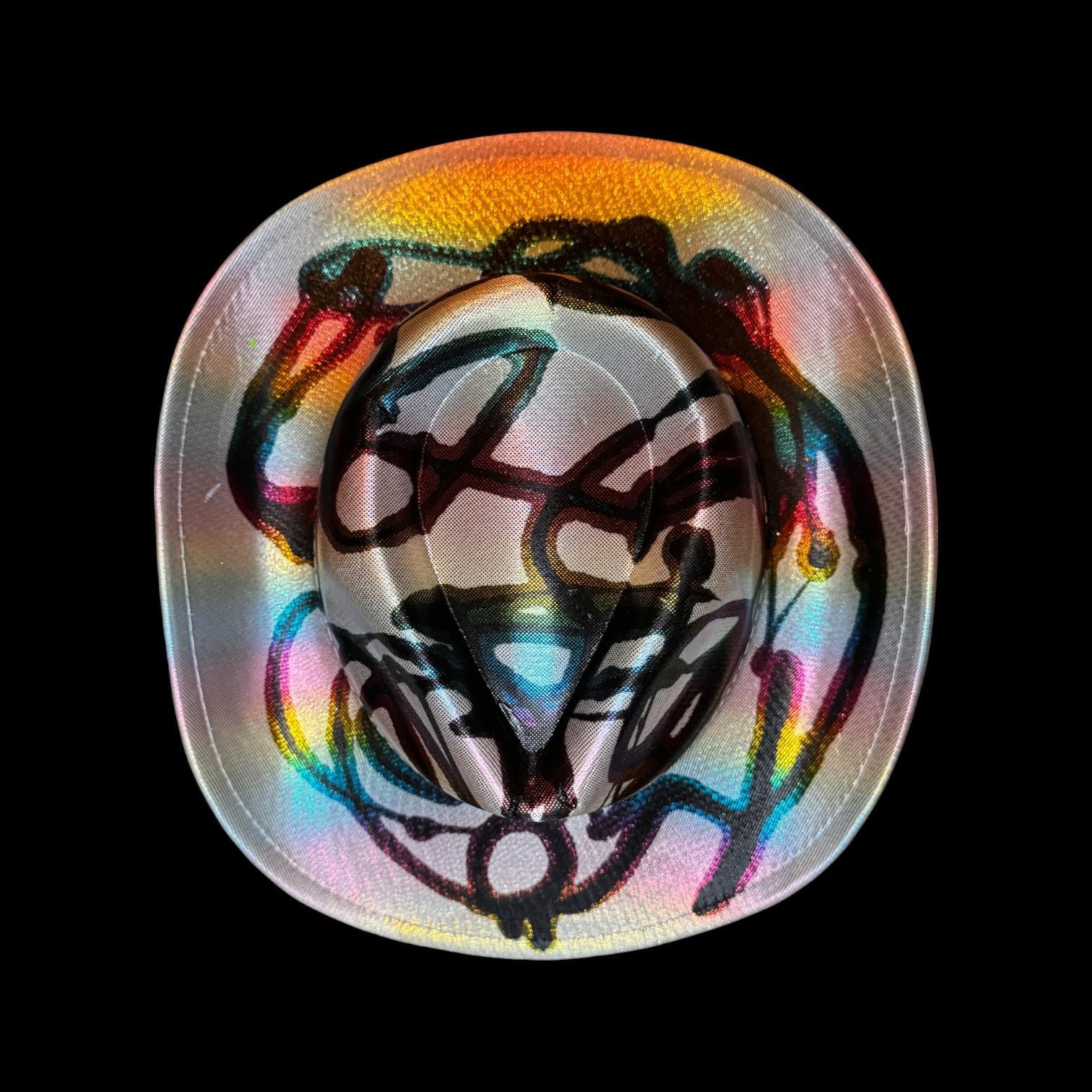 Cosmic Graffiti Glow Hat – Iridescent Abstract Festival Fedora, Hand-Painted One-of-a-Kind Statement Piece