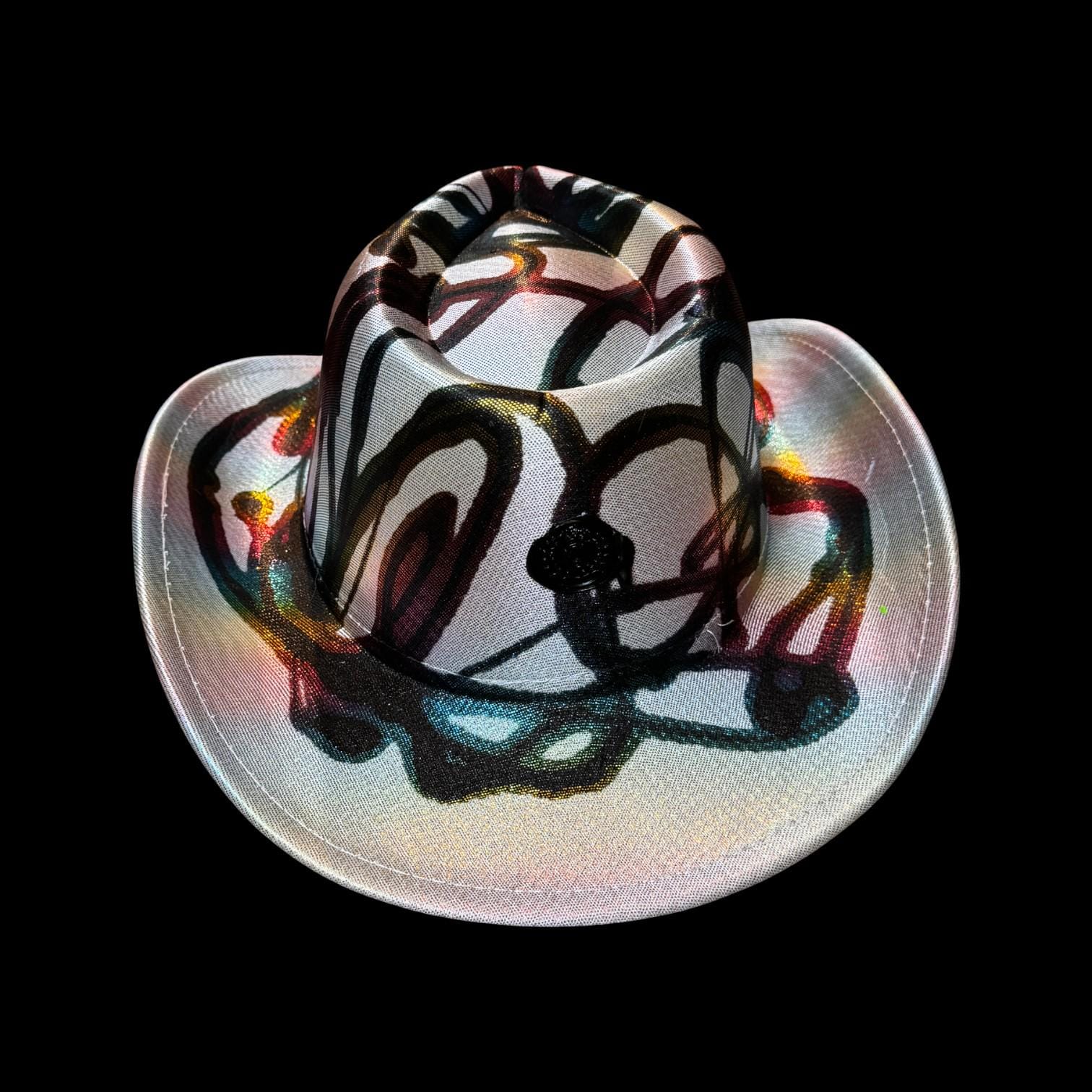 Cosmic Graffiti Glow Hat – Iridescent Abstract Festival Fedora, Hand-Painted One-of-a-Kind Statement Piece