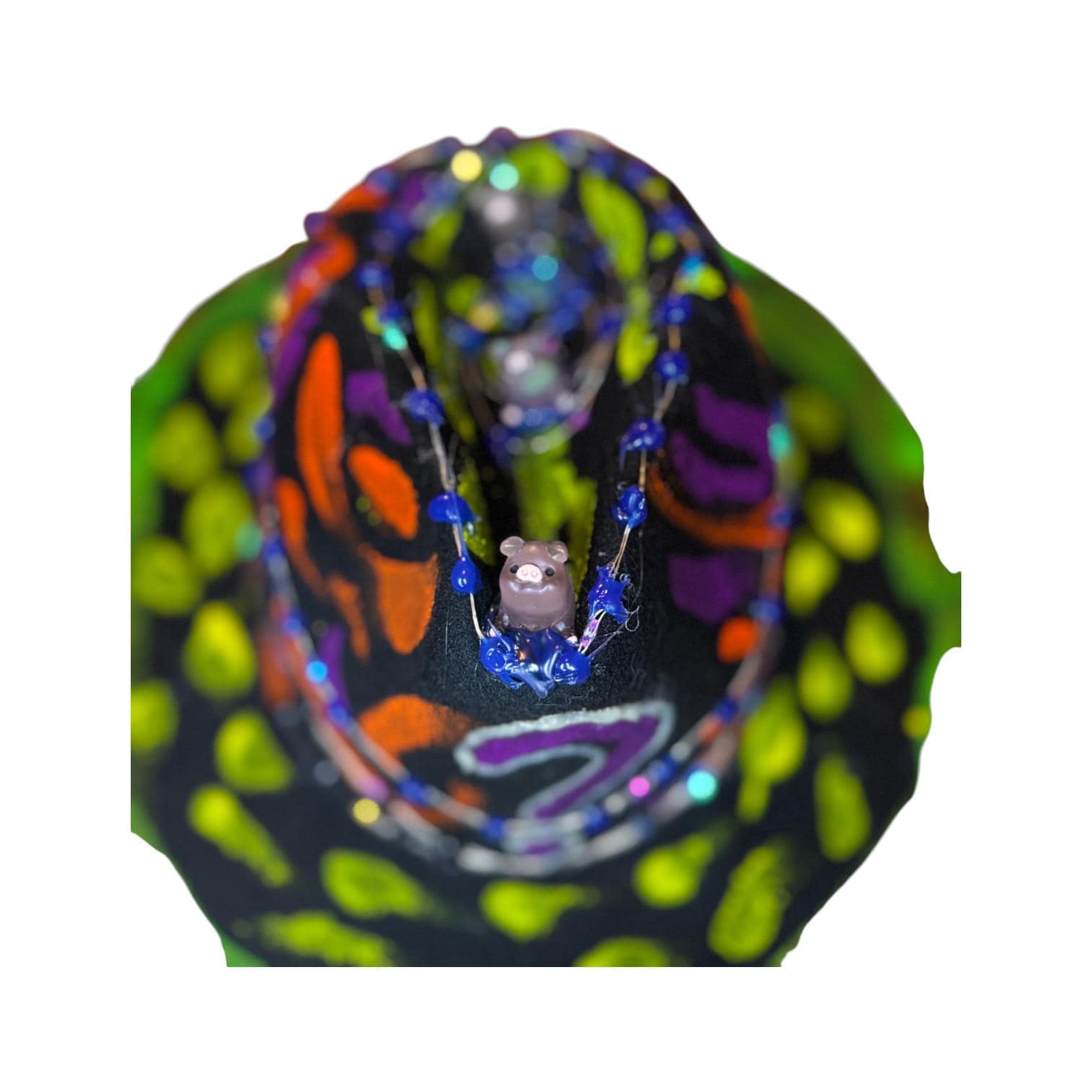 Hand-Painted Neon Glow Festival Hat with LED Lights & Bear Figurines