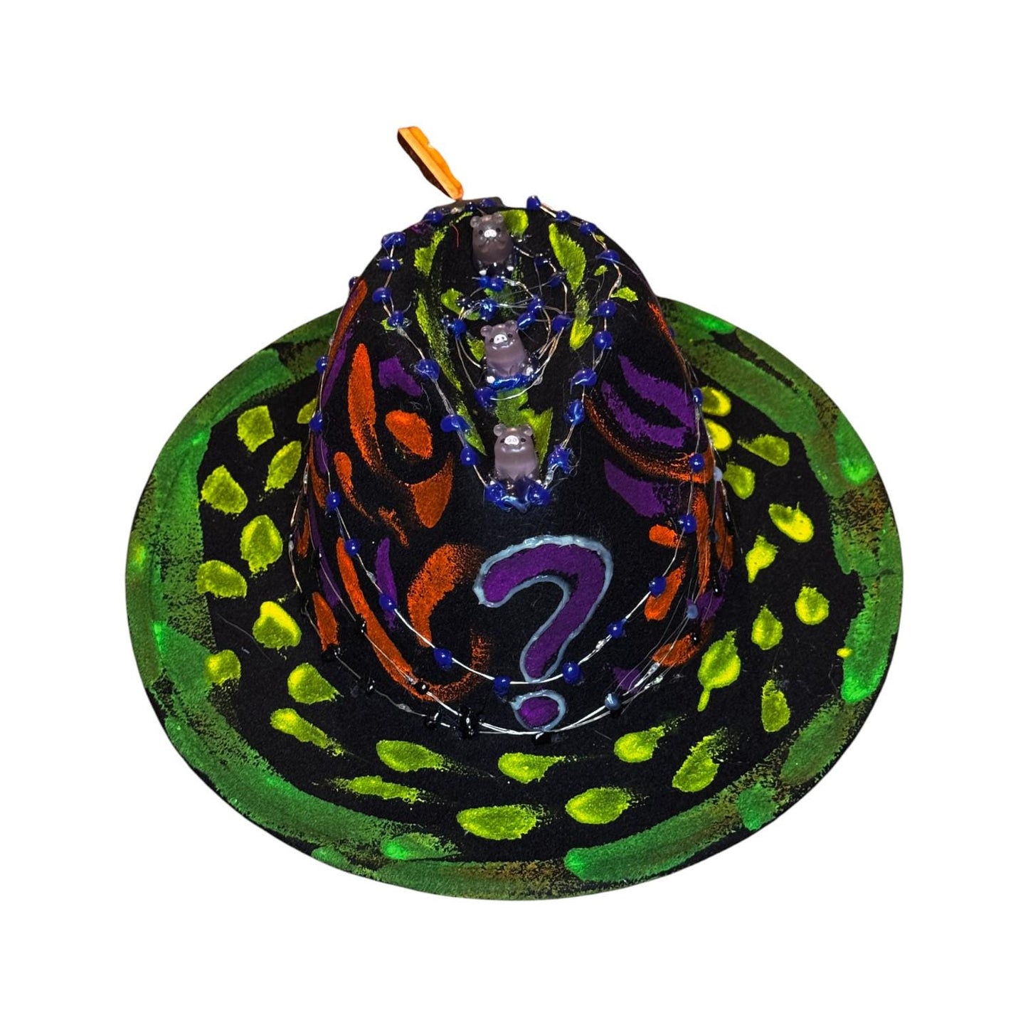 Hand-Painted Neon Glow Festival Hat with LED Lights & Bear Figurines