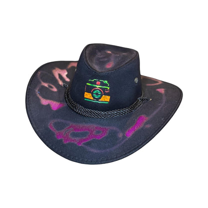 Hand-Painted Neon Camera Cowboy Hat: Rave Festival Blacklight Art