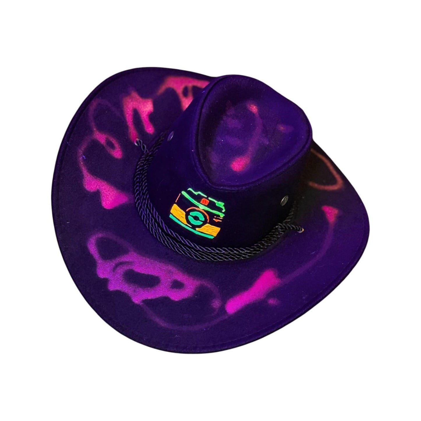 Hand-Painted Neon Camera Cowboy Hat: Rave Festival Blacklight Art