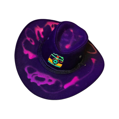 Hand-Painted Neon Camera Cowboy Hat: Rave Festival Blacklight Art