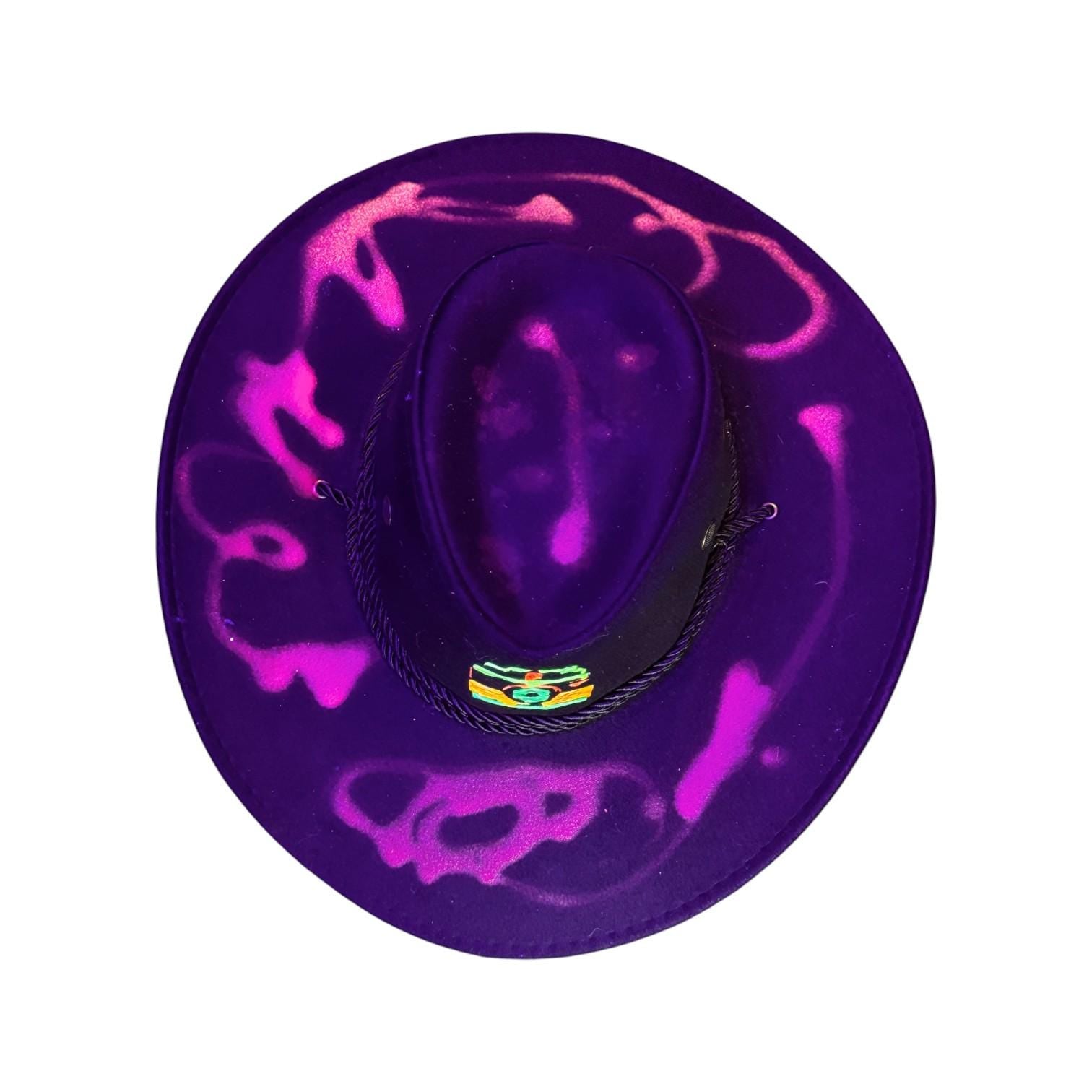 Hand-Painted Neon Camera Cowboy Hat: Rave Festival Blacklight Art