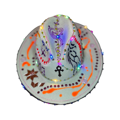 LED Burning Man Cowboy Hat: Neon Art, Cosmic Symbols, Handmade