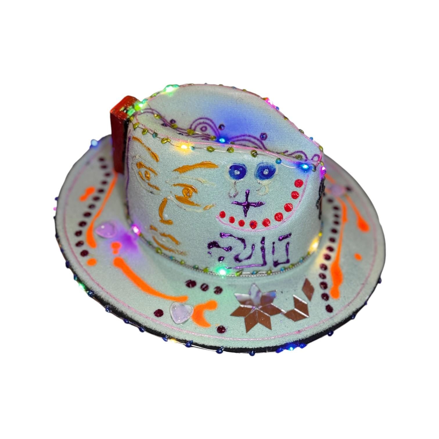 LED Burning Man Cowboy Hat: Neon Art, Cosmic Symbols, Handmade