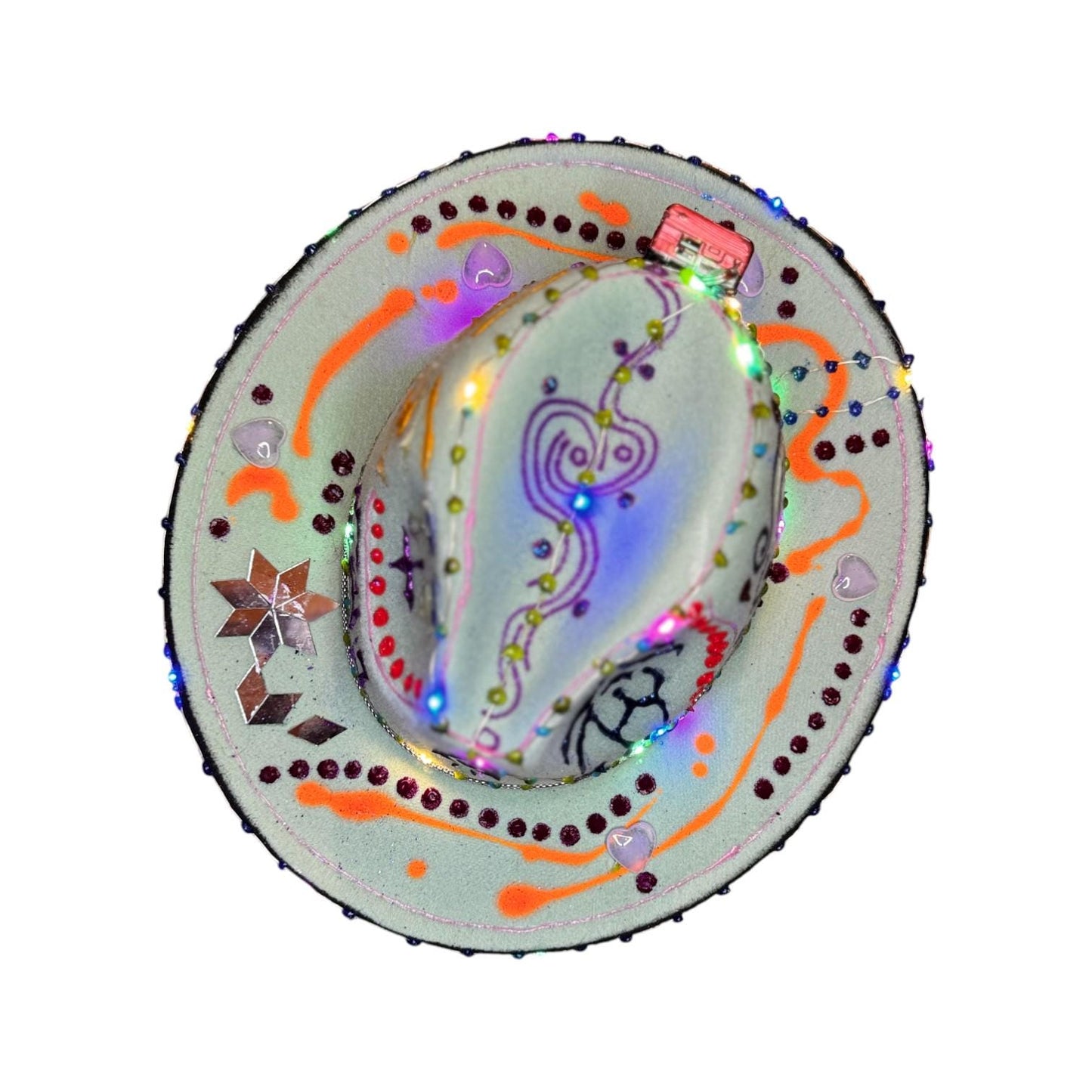 LED Burning Man Cowboy Hat: Neon Art, Cosmic Symbols, Handmade