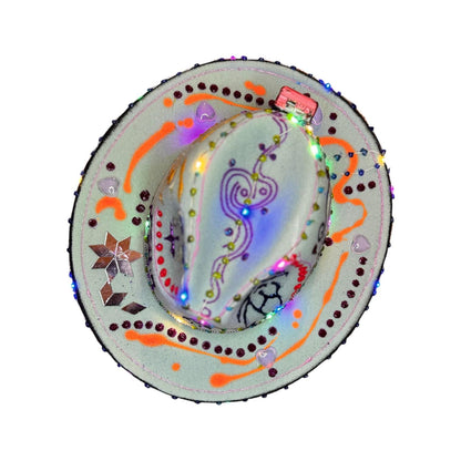 LED Burning Man Cowboy Hat: Neon Art, Cosmic Symbols, Handmade