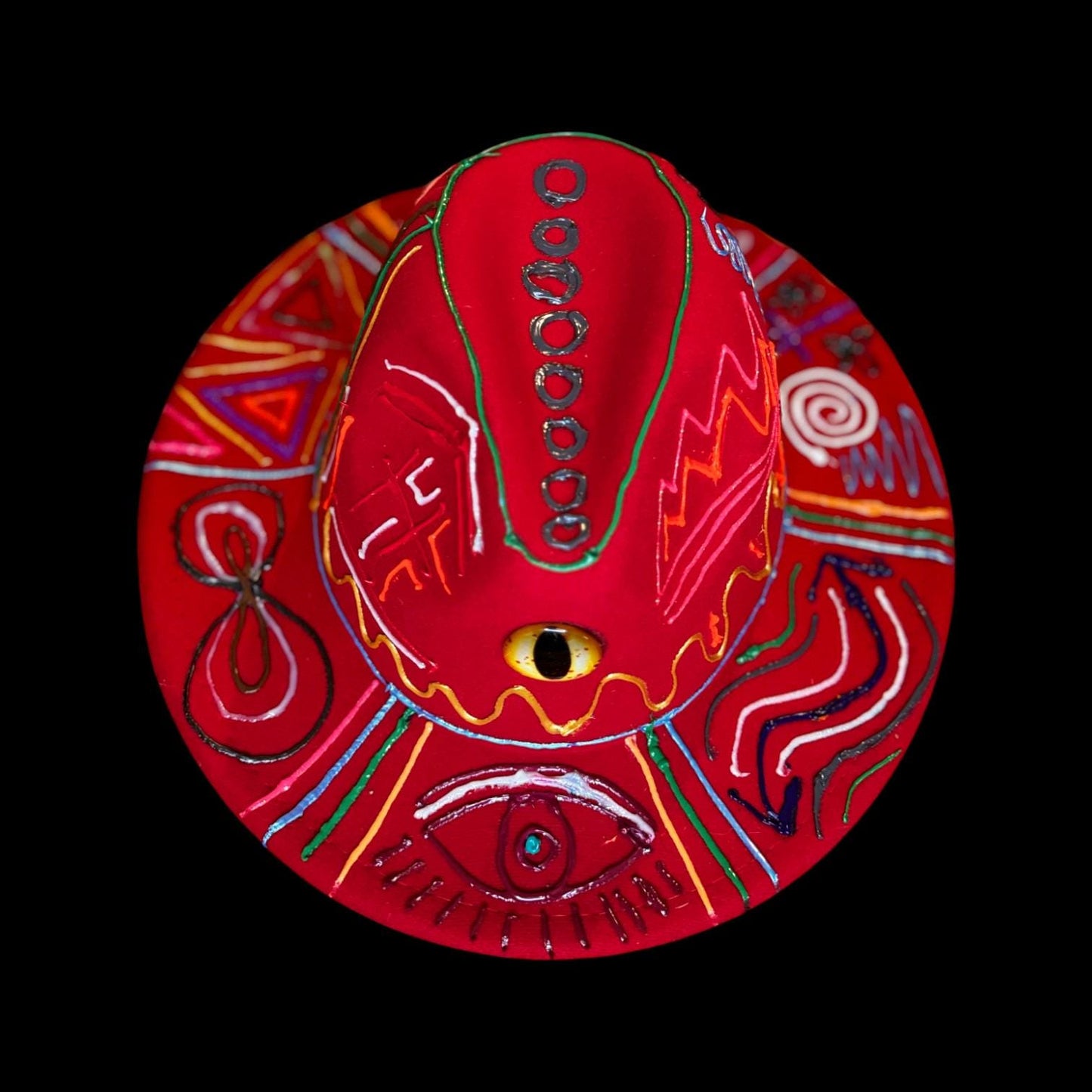 Hand-painted red festival hat with mystic eye & neon UV-reactive symbols | Psychedelic spiritual rave hat | Qreine wearable art