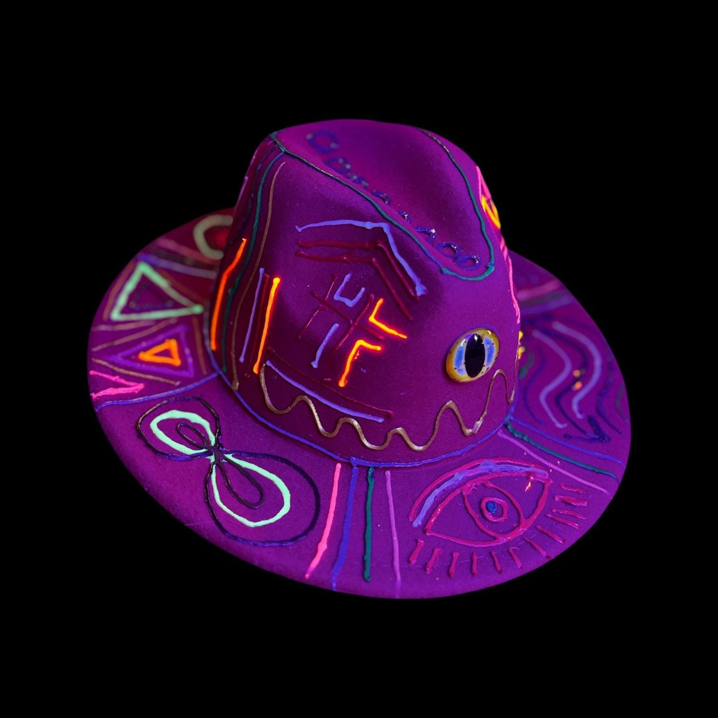 Hand-painted red festival hat with mystic eye & neon UV-reactive symbols | Psychedelic spiritual rave hat | Qreine wearable art