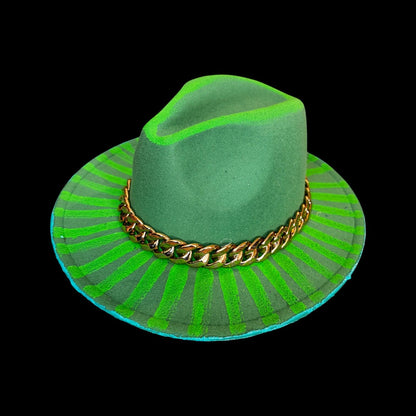 Emerald Ray | Hand-Painted Green Fedora with Neon Radiance, Gold Chain Accent & Festival Glow – Qreine Hats by Ilgaz Kuren