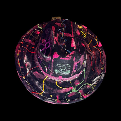 Hand-Painted Glow Camera Hat | Psychedelic UV Neon Fedora with LED Lights & Hearts | Rave Festival Art Hat by Qreine 57