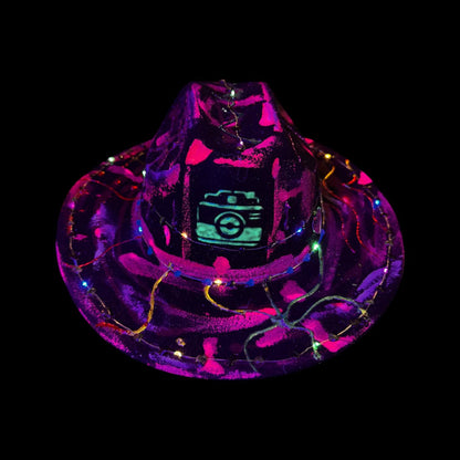 Hand-Painted Glow Camera Hat | Psychedelic UV Neon Fedora with LED Lights & Hearts | Rave Festival Art Hat by Qreine 57