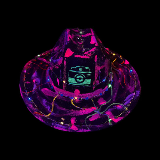 Hand-Painted Glow Camera Hat | Psychedelic UV Neon Fedora with LED Lights & Hearts | Rave Festival Art Hat by Qreine 57