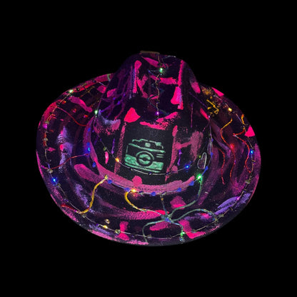 Hand-Painted Glow Camera Hat | Psychedelic UV Neon Fedora with LED Lights & Hearts | Rave Festival Art Hat by Qreine 57