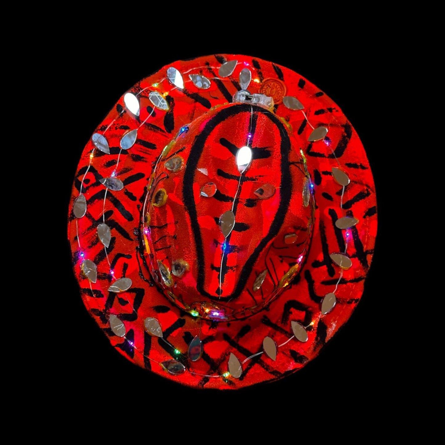 Hand-Painted Red Black Festival Hat with LED Lights and Mirror Accents – Unique Rave Burning Man Qreine Art Fedora 57
