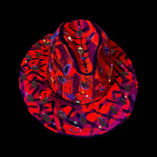 Hand-Painted Red Black Festival Hat with LED Lights and Mirror Accents – Unique Rave Burning Man Qreine Art Fedora 57