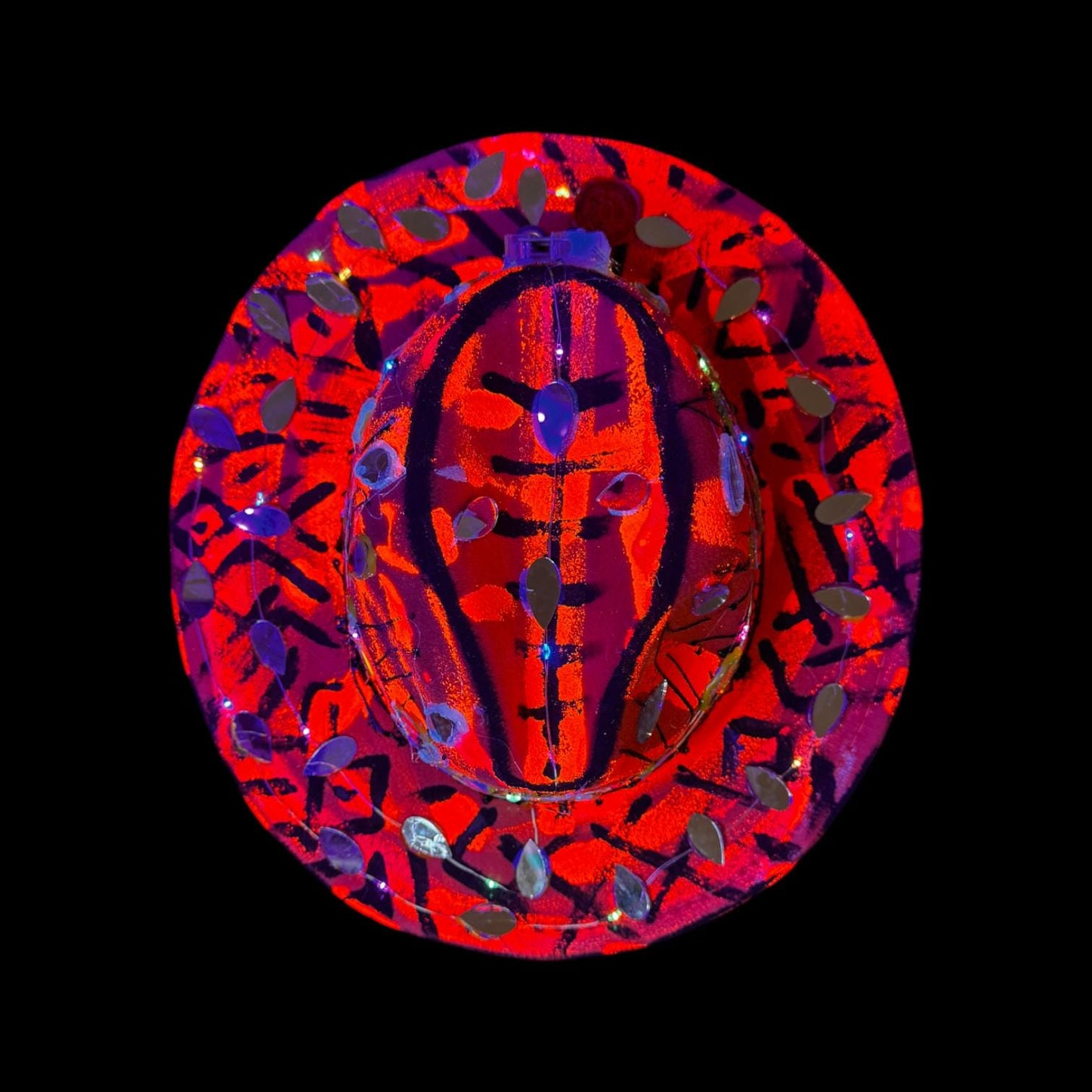 Hand-Painted Red Black Festival Hat with LED Lights and Mirror Accents – Unique Rave Burning Man Qreine Art Fedora 57