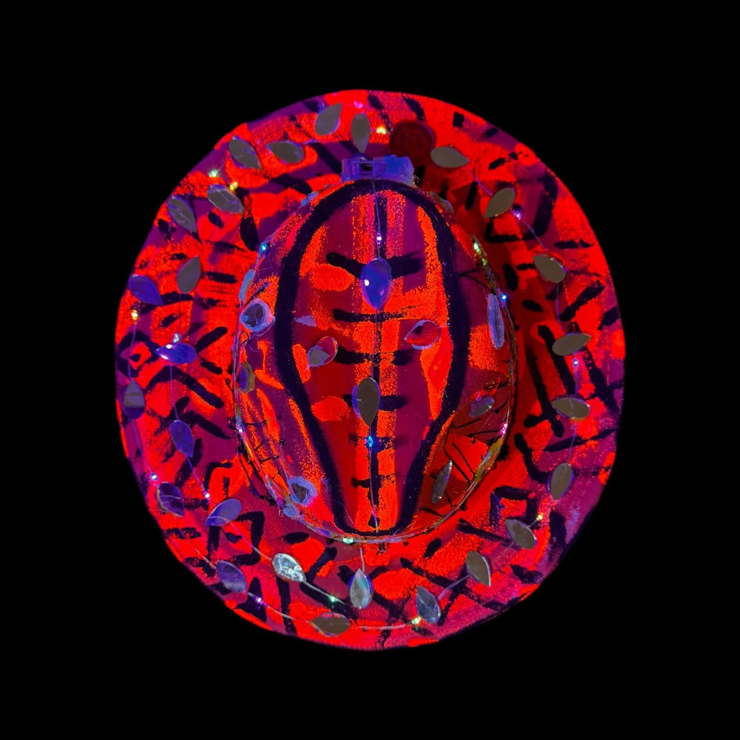 Hand-Painted Red Black Festival Hat with LED Lights and Mirror Accents – Unique Rave Burning Man Qreine Art Fedora 57