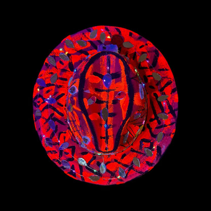 Hand-Painted Red Black Festival Hat with LED Lights and Mirror Accents – Unique Rave Burning Man Qreine Art Fedora 57