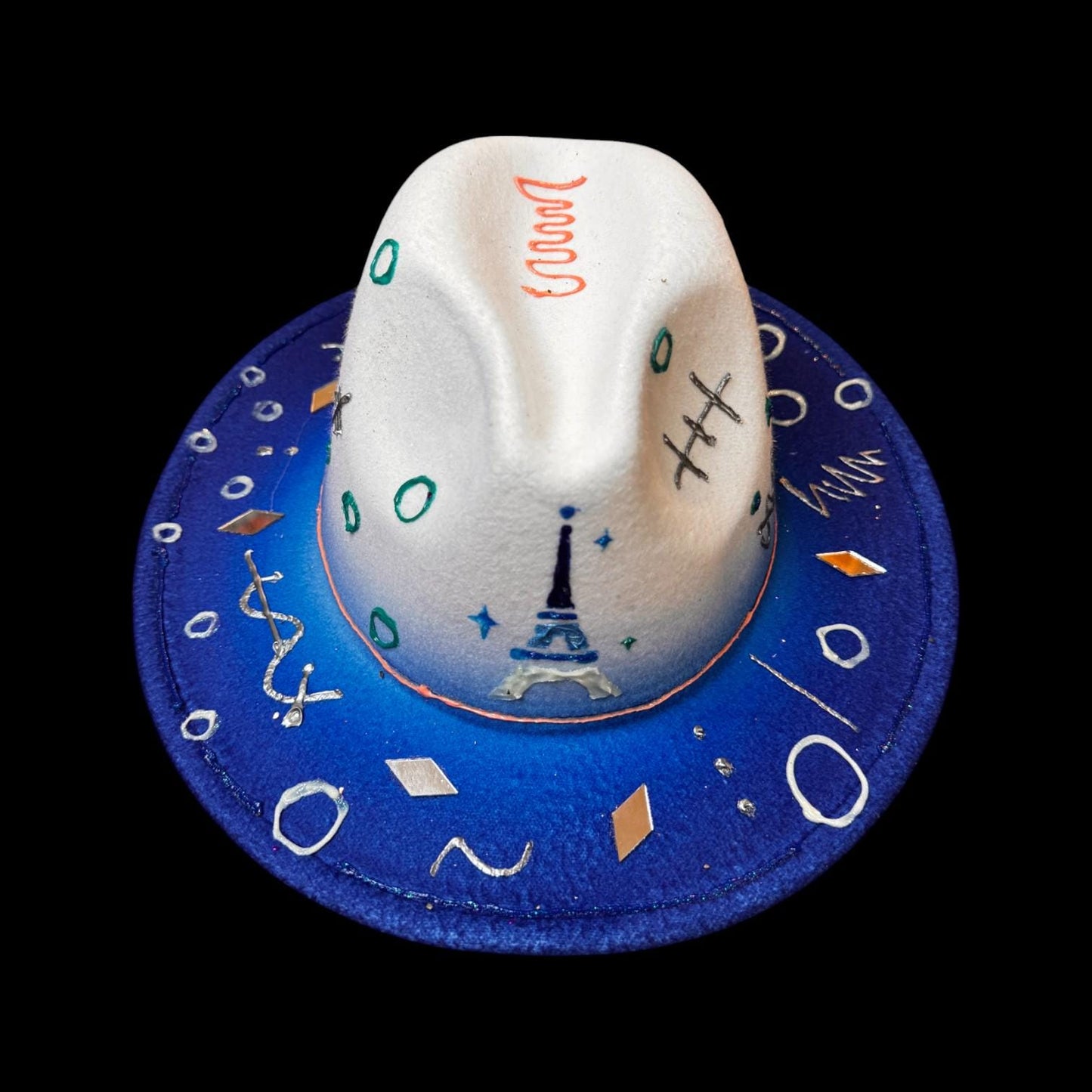 Qreine Paris Blue & White Hand-Painted Hat | Eiffel Tower Design | Festival Fashion | Unique Collectible Wearable Art