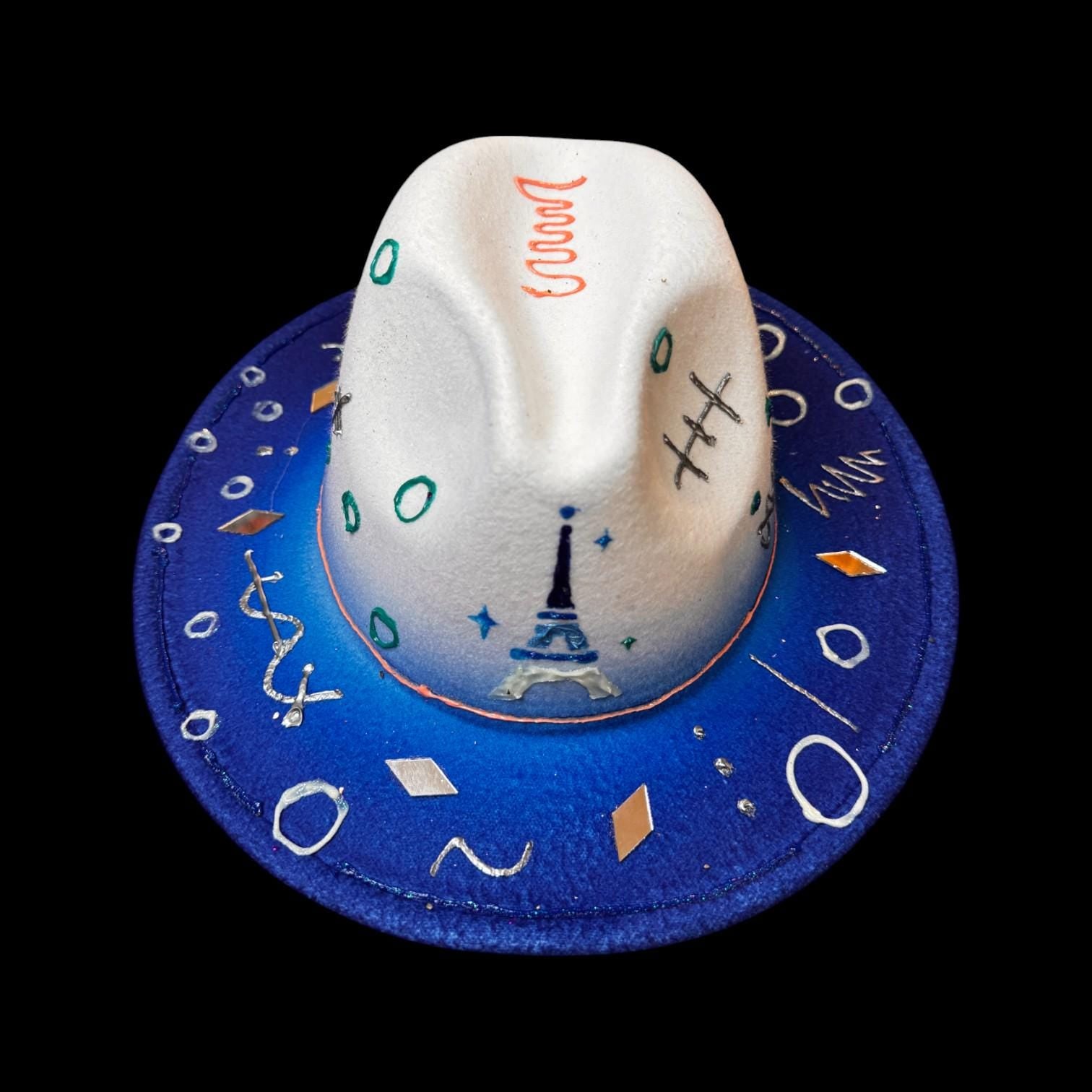 Qreine Paris Blue & White Hand-Painted Hat | Eiffel Tower Design | Festival Fashion | Unique Collectible Wearable Art