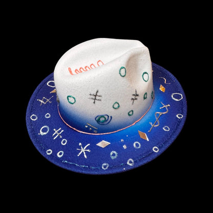 Qreine Paris Blue & White Hand-Painted Hat | Eiffel Tower Design | Festival Fashion | Unique Collectible Wearable Art