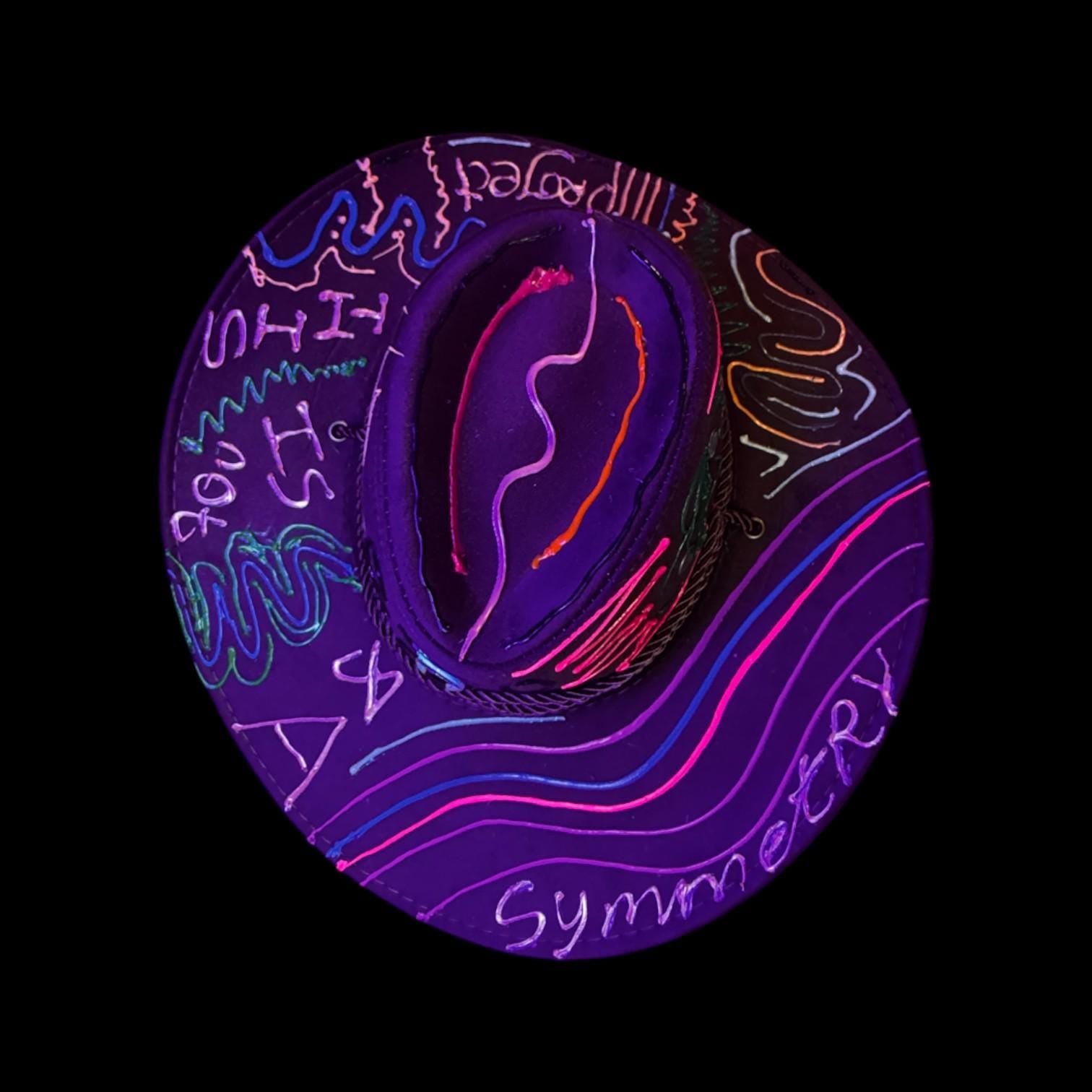 This Isnt A symmetry Project Cowboy Hat Design – Hand-Painted Festival Hat with Neon UV Reactive Accents & 3D Eye Detail, Burning Man Style