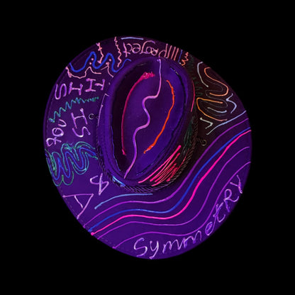 This Isnt A symmetry Project Cowboy Hat Design – Hand-Painted Festival Hat with Neon UV Reactive Accents & 3D Eye Detail, Burning Man Style